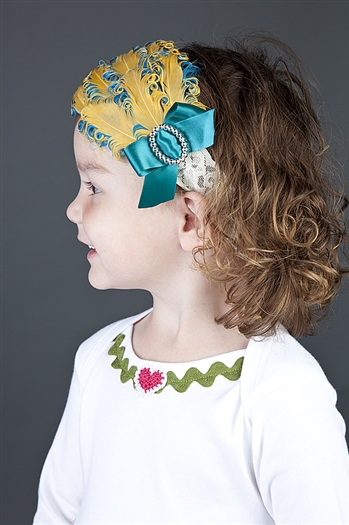 1920's The Charleston Feather Headband Gold and Turquoise