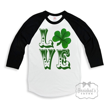 Irish LOVE St. Patrick's Day Baseball Black and White Tee